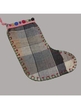 Handmade Christmas Stocking Crispina Ffrench USA Plaid Patchwork Buttons Textile